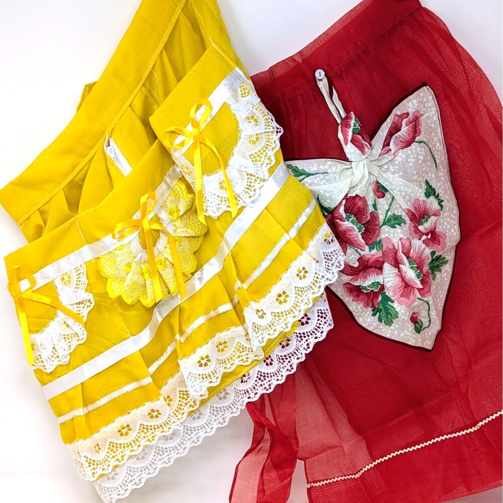 2 Vtg Half Aprons | Yellow Lace Ruffle Three Pocket Zipper + Red Sheer Floral